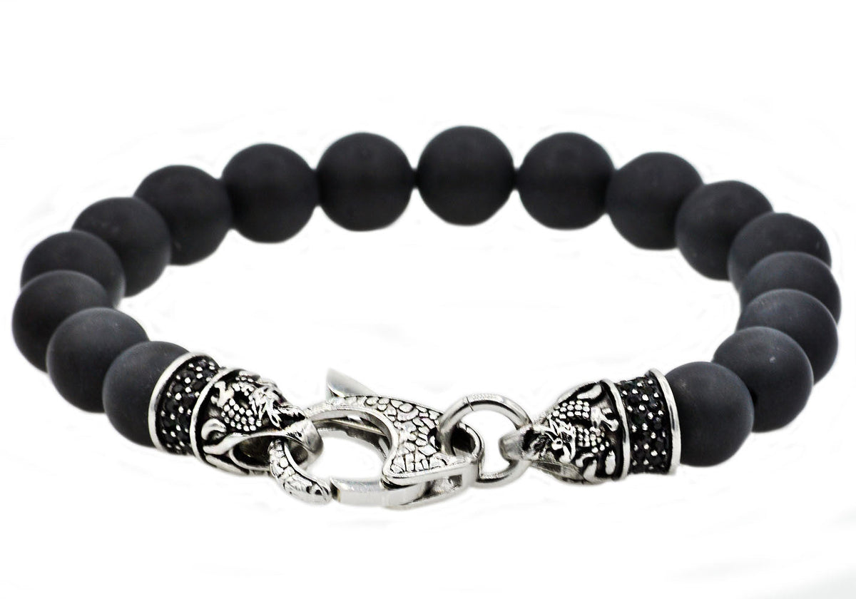 Mens Genuine Onyx Stainless Steel Beaded Bracelet With Black Cubic Zirconia