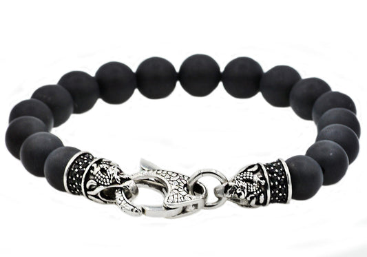 Mens Genuine Onyx Stainless Steel Beaded Bracelet With Black Cubic Zirconia