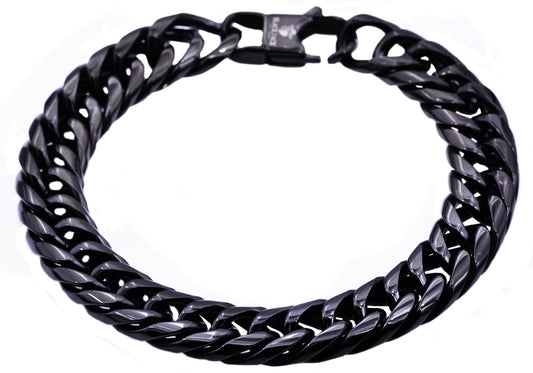 Mens Black Plated Stainless Steel Double Cuban Link Chain Bracelet