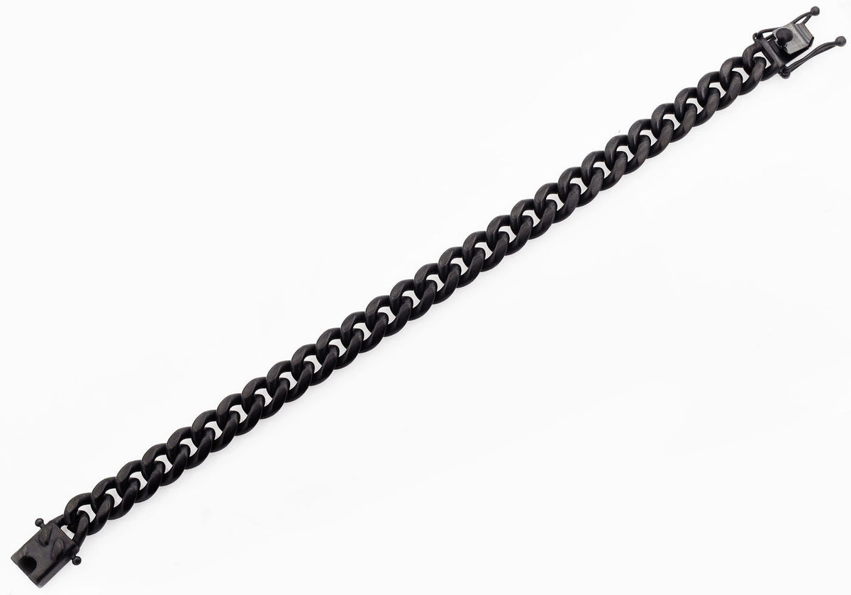 Mens 10mm Matte Black Stainless Steel Miami Cuban Link Bracelet With Box Clasp