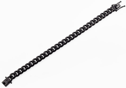 Mens 10mm Matte Black Stainless Steel Miami Cuban Link Bracelet With Box Clasp