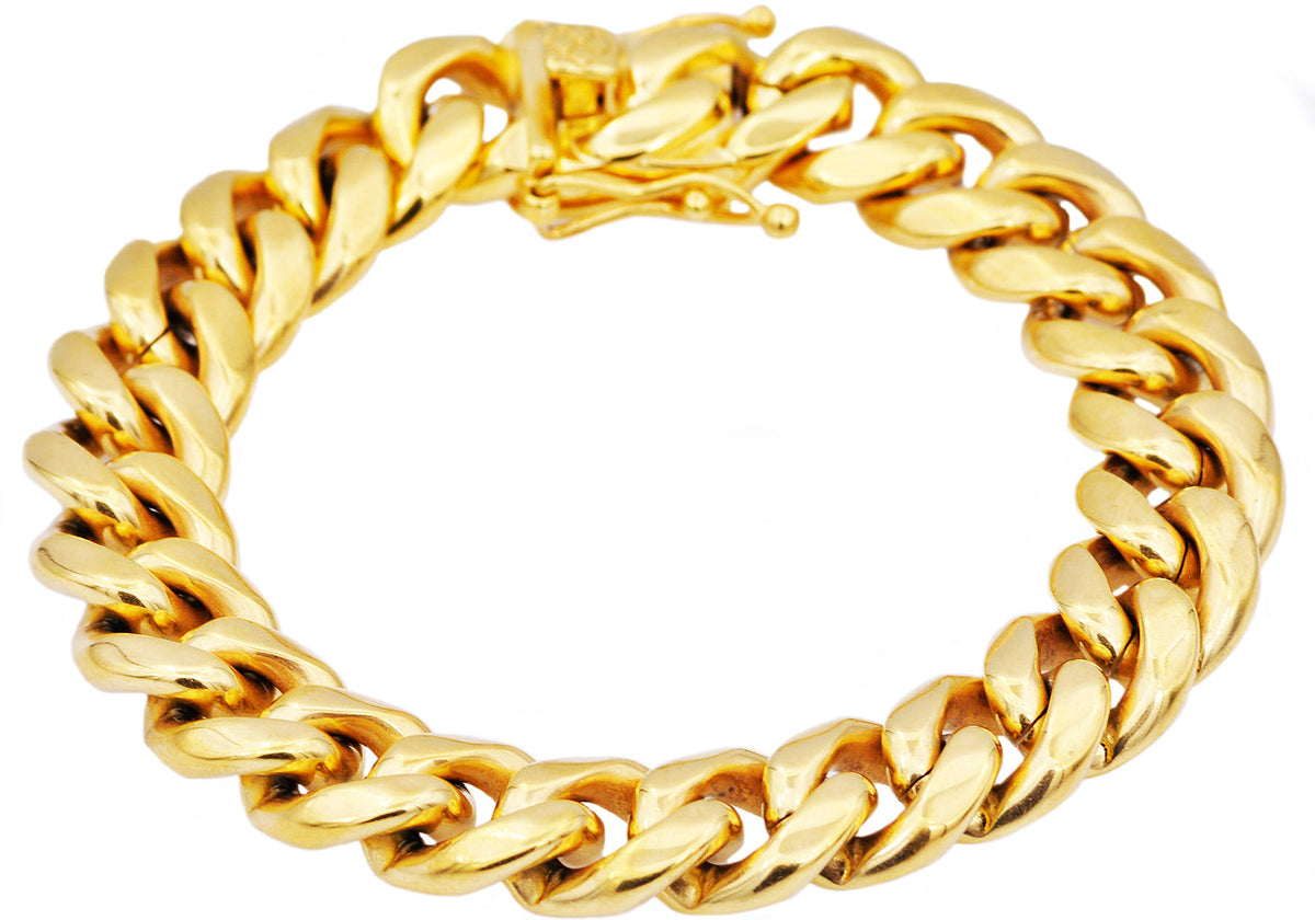 Mens 14mm Gold Stainless Steel Miami Cuban Link Chain Bracelet With Box Clasp