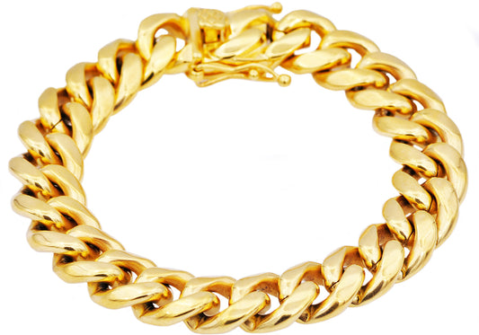 Mens 14mm Gold Stainless Steel Miami Cuban Link Chain Bracelet With Box Clasp