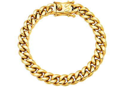 Mens 10mm Gold Stainless Steel Miami Cuban Link Chain Bracelet With Box Clasp