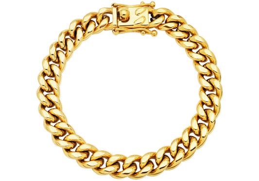 Mens 10mm Gold Stainless Steel Miami Cuban Link Chain Bracelet With Box Clasp