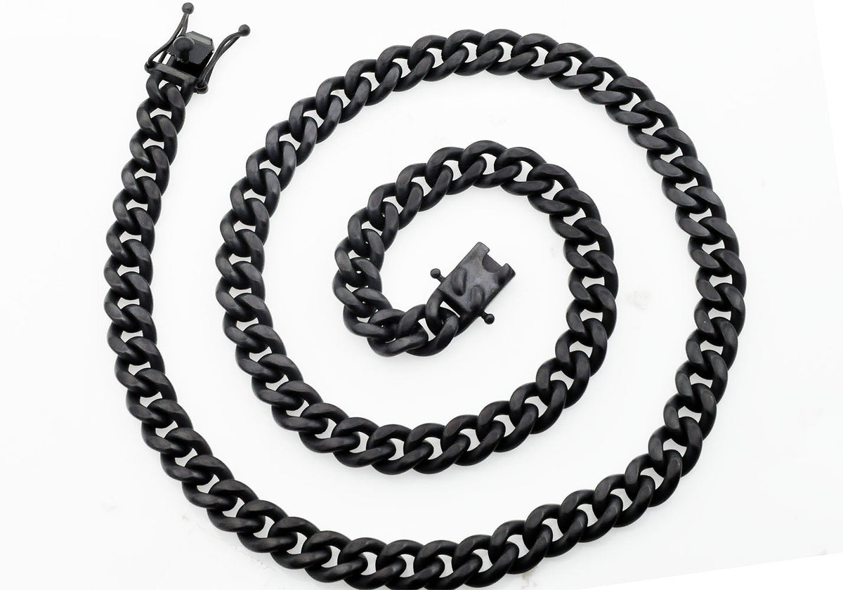 Mens 10mm Matte Black Stainless Steel Miami Cuban Link Chain Necklace With Box Clasp