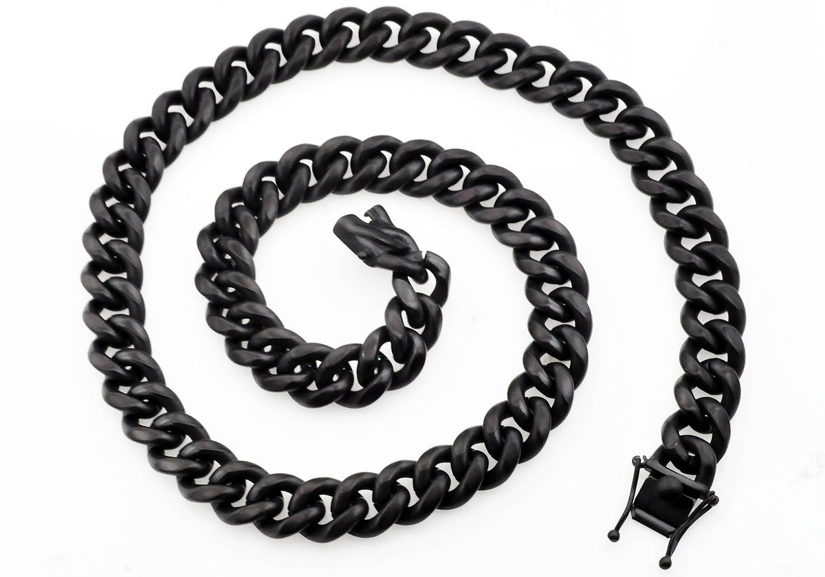 Mens 14mm Matte Black Stainless Steel Miami Cuban Link Chain Necklace