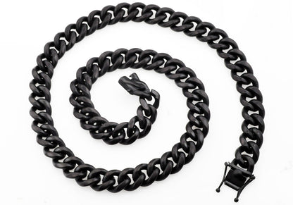 Mens 14mm Matte Black Stainless Steel Miami Cuban Link Chain Necklace