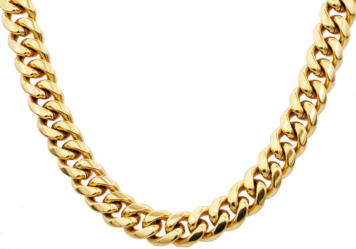 Mens 14mm Gold Stainless Steel Cuban Link Chain Necklace With Box Clasp