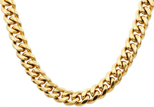 Mens 14mm Gold Stainless Steel Cuban Link Chain Necklace With Box Clasp