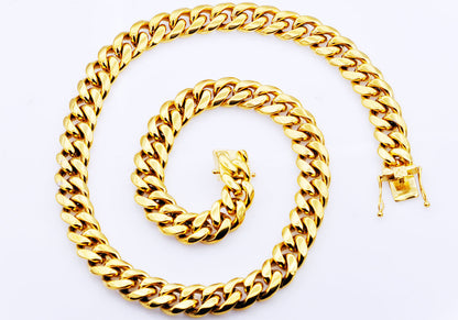Mens 14mm Gold Stainless Steel Cuban Link Chain Necklace With Box Clasp
