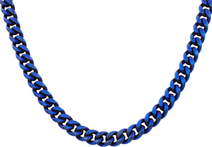Mens 10mm Matte Blue Stainless Steel Miami Cuban Link Chain Necklace With Box Clasp