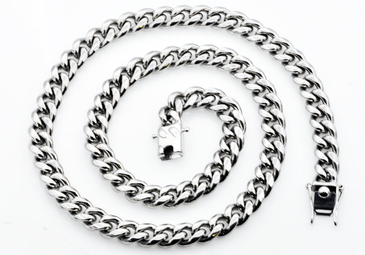 Mens 10mm Stainless Steel Cuban Link Chain Necklace With Box Clasp