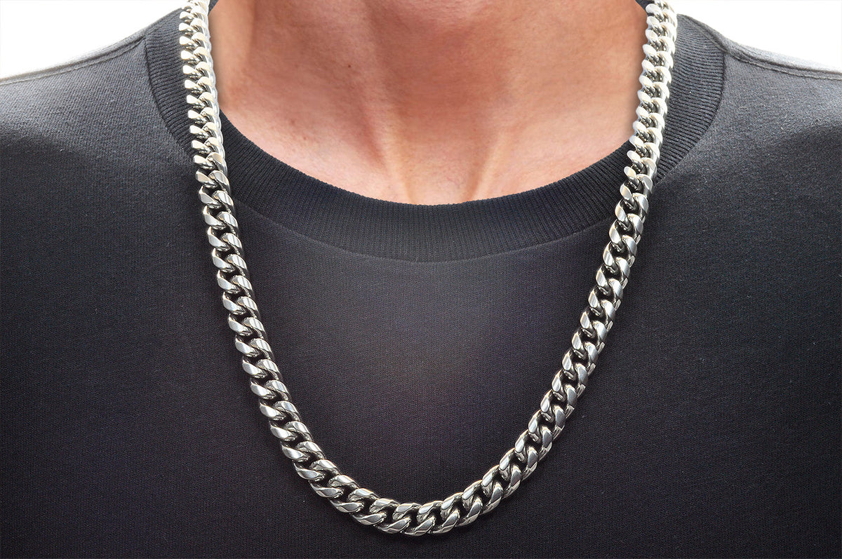 Mens 10mm Stainless Steel Cuban Link Chain Necklace With Box Clasp