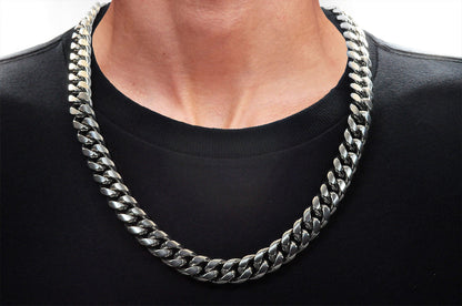 Mens 14mm Stainless Steel Cuban Link Chain Necklace With Box Clasp