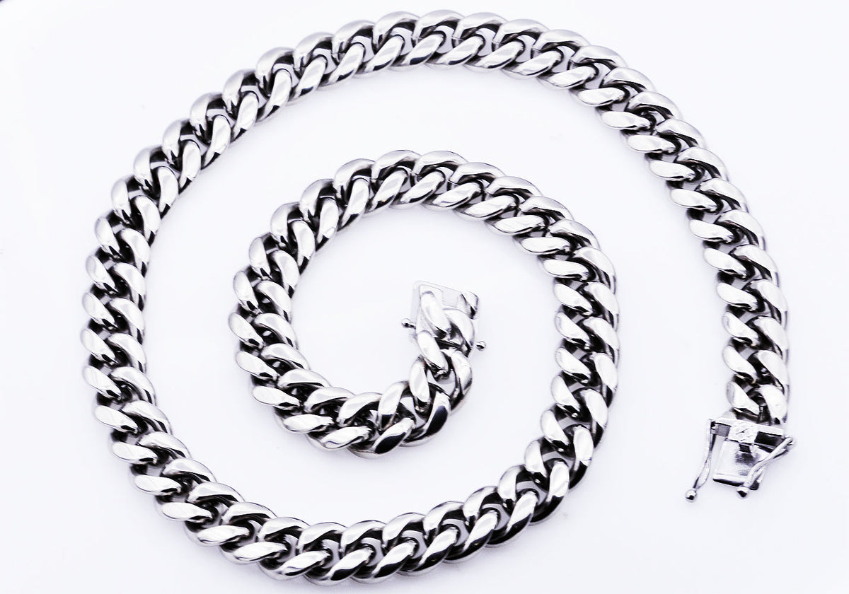 Mens 14mm Stainless Steel Cuban Link Chain Necklace With Box Clasp