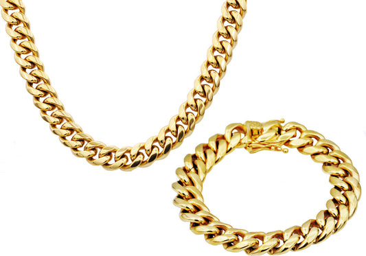 Mens 14mm Gold Stainless Steel Miami Cuban Link Chain With Box Clasp Set