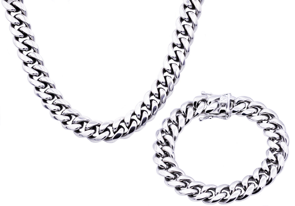 Mens 14mm Miami Cuban Stainless Steel Link Chain With Box Clasp Set