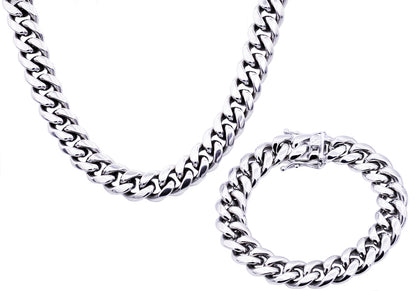 Mens 14mm Miami Cuban Stainless Steel Link Chain With Box Clasp Set