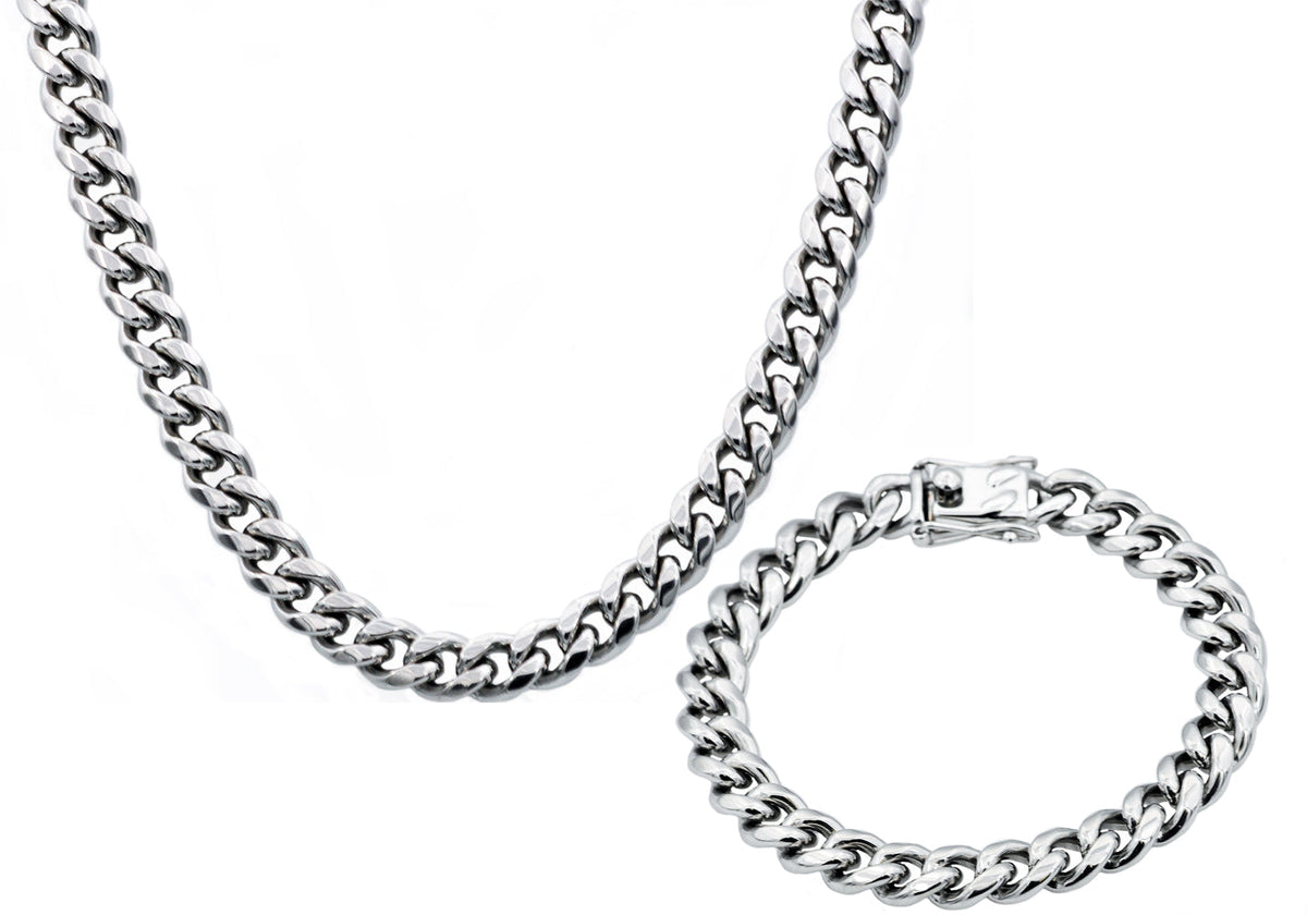 Mens 10mm Stainless Steel Cuban Link Chain With Box Clasp Set