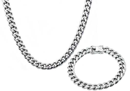 Mens 10mm Stainless Steel Cuban Link Chain With Box Clasp Set