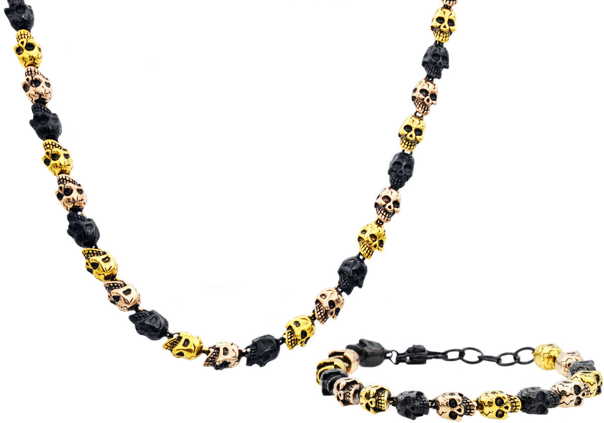 Mens Tri Tone Stainless Steel Skull Link Chain Bracelet And Necklace Set