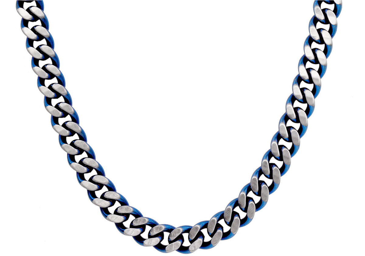 Mens Two-Toned Matte Blue Stainless Steel Cuban Link 24" Chain Necklace