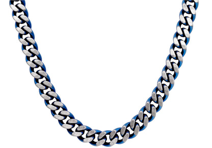 Mens Two-Toned Matte Blue Stainless Steel Cuban Link 24" Chain Necklace