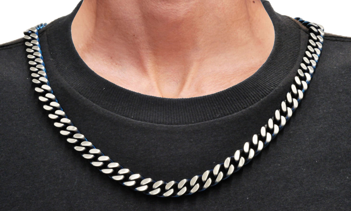 Mens Two-Toned Matte Blue Stainless Steel Cuban Link 24" Chain Necklace