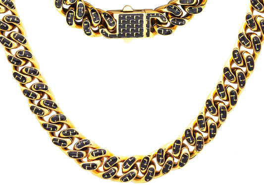Men's 12mm Gold Plated Stainless Steel Cuban Link Chain Necklace With Gold Carbon Fiber