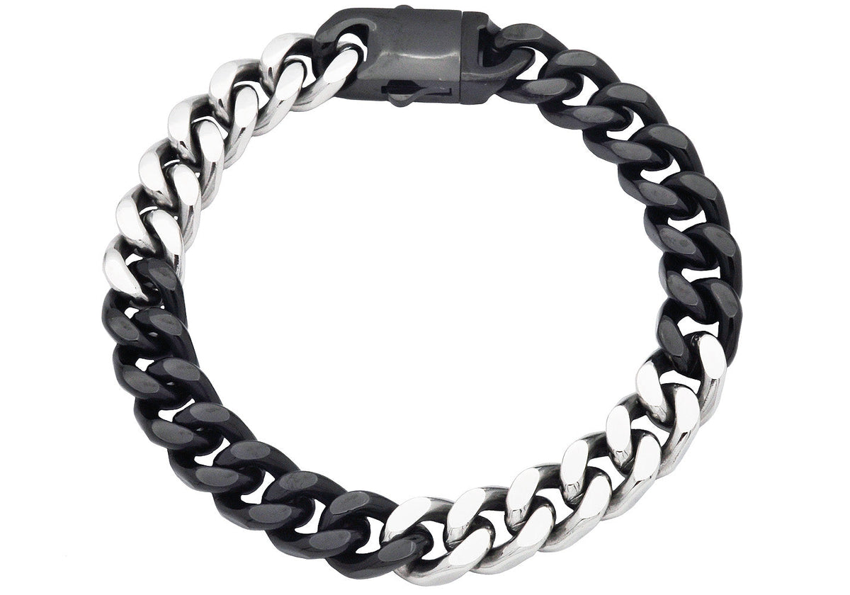 Mens 10mm Two-Toned Black Plated Stainless Steel Cuban Link Chain Bracelet