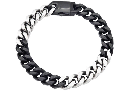 Mens 10mm Two-Toned Black Plated Stainless Steel Cuban Link Chain Bracelet