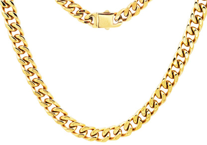 Mens 10mm Gold Plated Stainless Steel Cuban Link Chain Necklace
