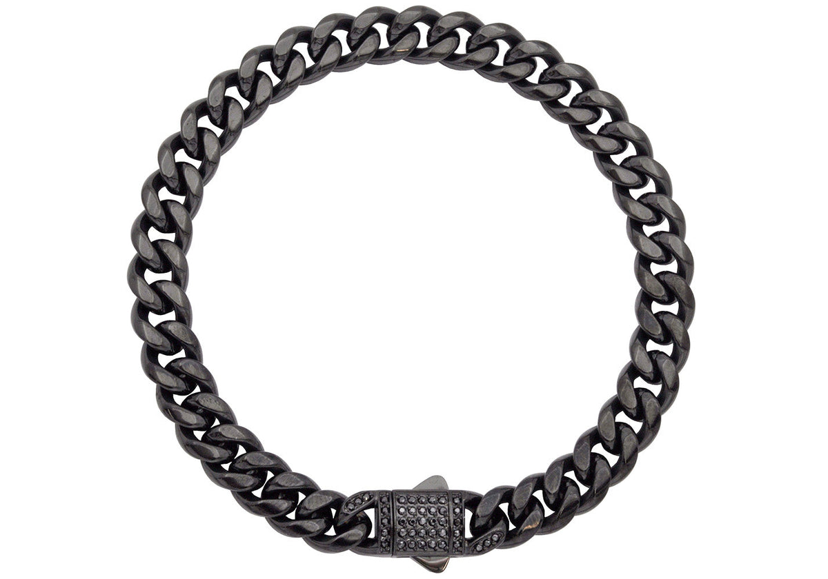 Men's 8mm Black Stainless Steel Miami Cuban Link Chain Bracelet With Black CZ Clasp
