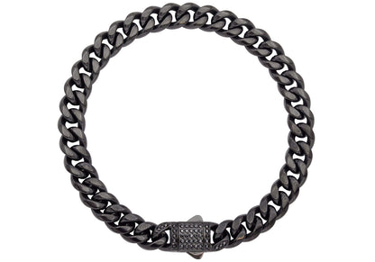 Men's 8mm Black Stainless Steel Miami Cuban Link Chain Bracelet With Black CZ Clasp