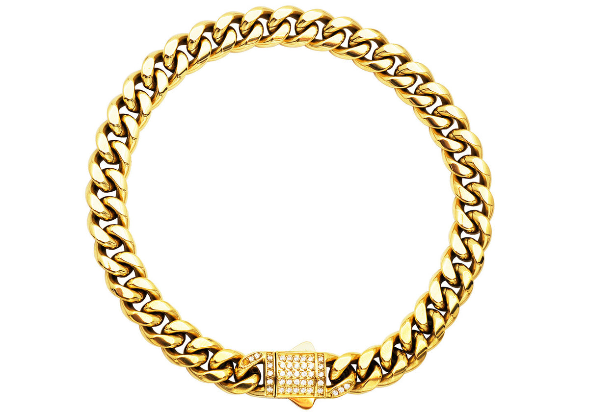 Men's 8mm Gold Stainless Steel Miami Cuban Link Chain Bracelet With CZ Box