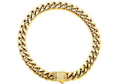 Men's 8mm Gold Stainless Steel Miami Cuban Link Chain Bracelet With CZ Box