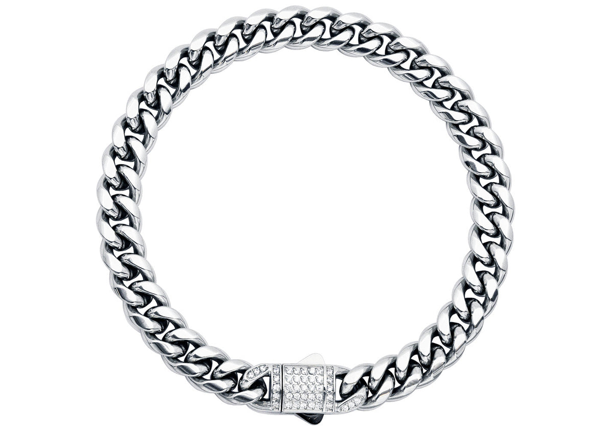 Men's 8mm Stainless Steel Miami Cuban Link Chain Bracelet With CZ Box Clasp