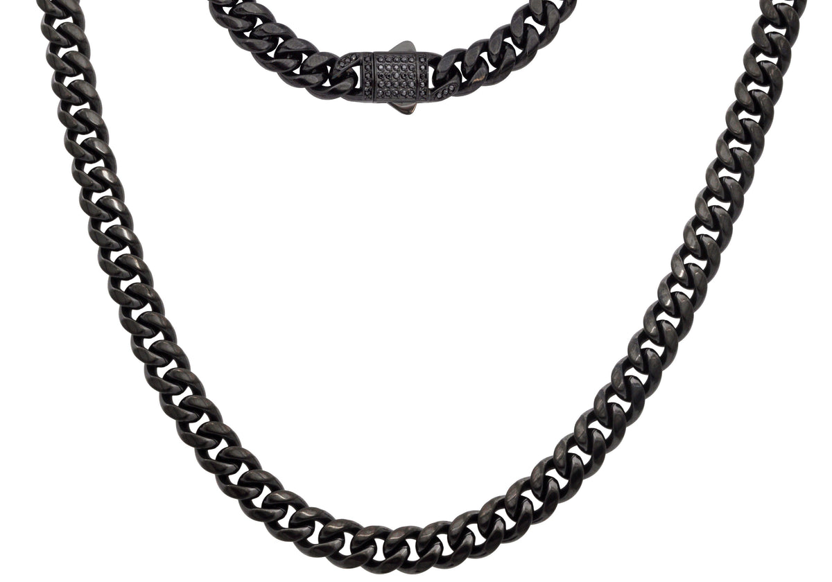 Men's 8mm Black Stainless Steel Miami Cuban Link Chain Necklace With Black CZ Box Clasp
