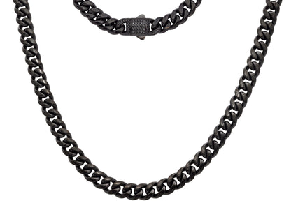 Men's 8mm Black Stainless Steel Miami Cuban Link Chain Necklace With Black CZ Box Clasp