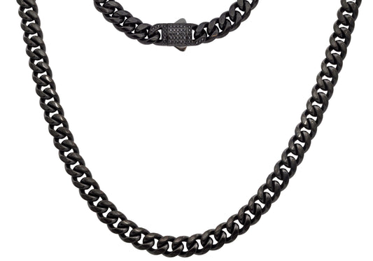 Men's 8mm Black Stainless Steel Miami Cuban Link Chain Necklace With Black CZ Box Clasp