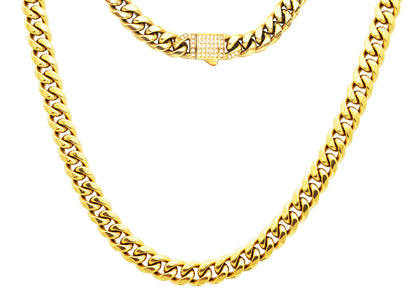 Men's 8mm Gold Stainless Steel Miami Cuban Link Chain Necklace With CZ Box Clasp