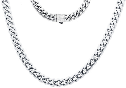 Men's 8mm Stainless Steel Miami Cuban Link Chain Necklace With CZ Box Clasp