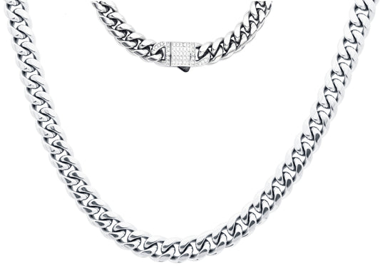Men's 8mm Stainless Steel Miami Cuban Link Chain Necklace With CZ Box Clasp