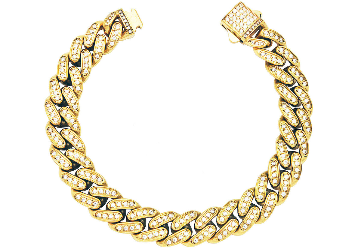 Men's 12mm Gold Stainless Steel Iced Out Miami Cuban Link Chain Bracelet