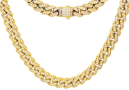 Men's 12mm Gold Stainless Steel Iced Out Miami Cuban Link Chain Necklace