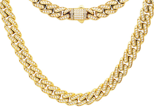 Men's 12mm Gold Stainless Steel Iced Out Miami Cuban Link Chain Necklace