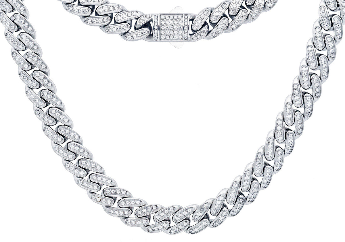 Men's 12mm Stainless Steel Iced Out Miami Cuban Link Chain Necklace