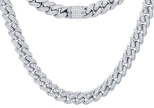 Men's 12mm Stainless Steel Iced Out Miami Cuban Link Chain Necklace
