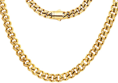 Mens 8mm Gold Plated Stainless Steel Cuban Link Chain Necklace With Box Clasp and Cubic Zirconia